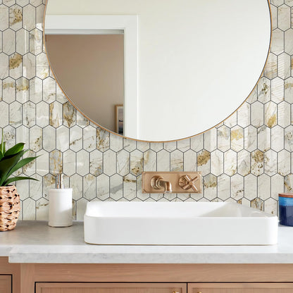 Vamos Tile Long Hexagon Peel and Stick Backsplash Tile - 10 Sheets Stick on Backsplash for Kitchen and Bathroom 12.4 x 12 Inch Glossy Wood Grain PVC Self Adhesive Mosaic Wall Tiles