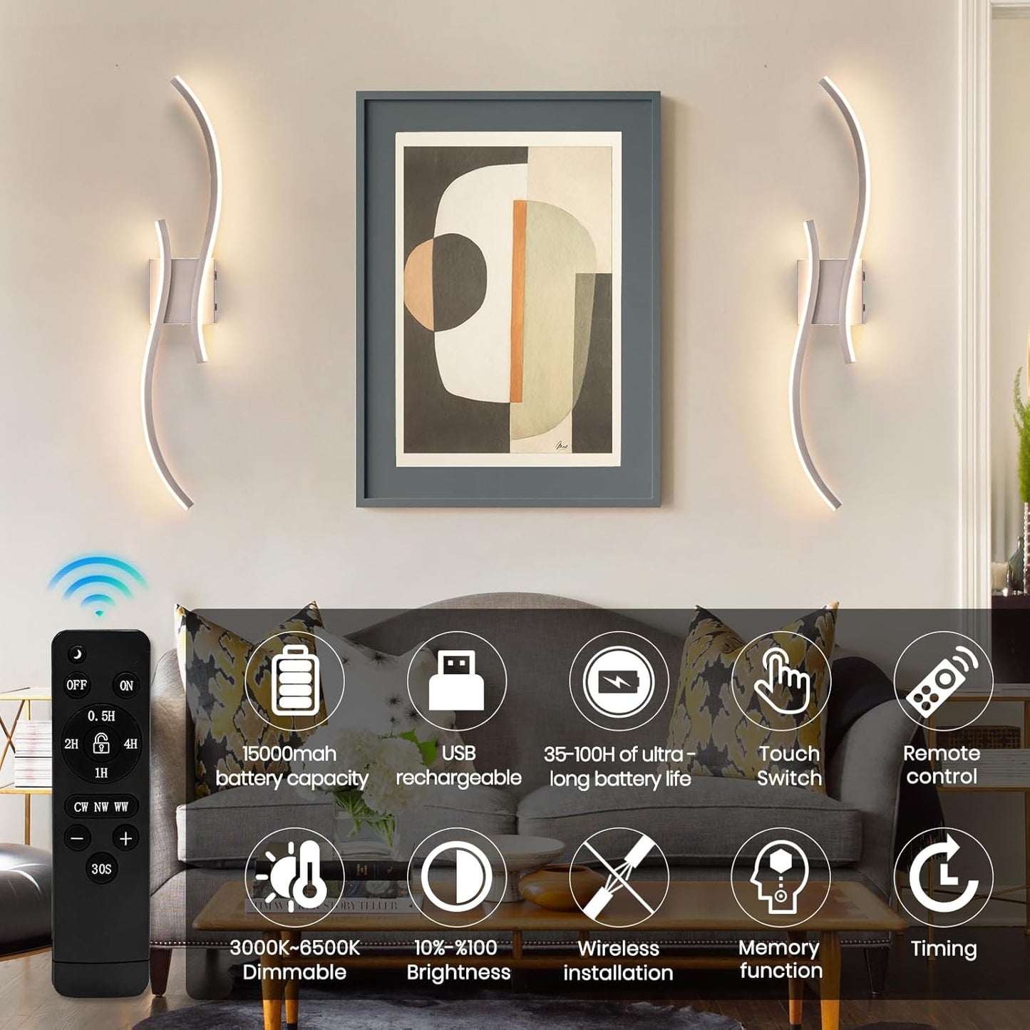 CANEOE Battery Operated Wall Sconce Set of 2, 18000mAh Gold Rechargeable Wall Lights with Remote Control,3000K-6000K Dimmable LED Wireless Wall Light for Living Room Bedroom Hallway,39.3 Inch (Gold)