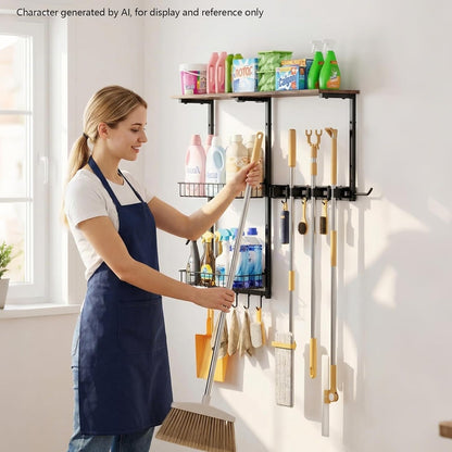 Broom Holder Wall Mount，Mop Rack With Storage Basket,Diversity Laundry Room Cleaning Tool Storage container，Suitable Family Garage Kitchen Organization Wall-Mounted Rack (Black, Medium)