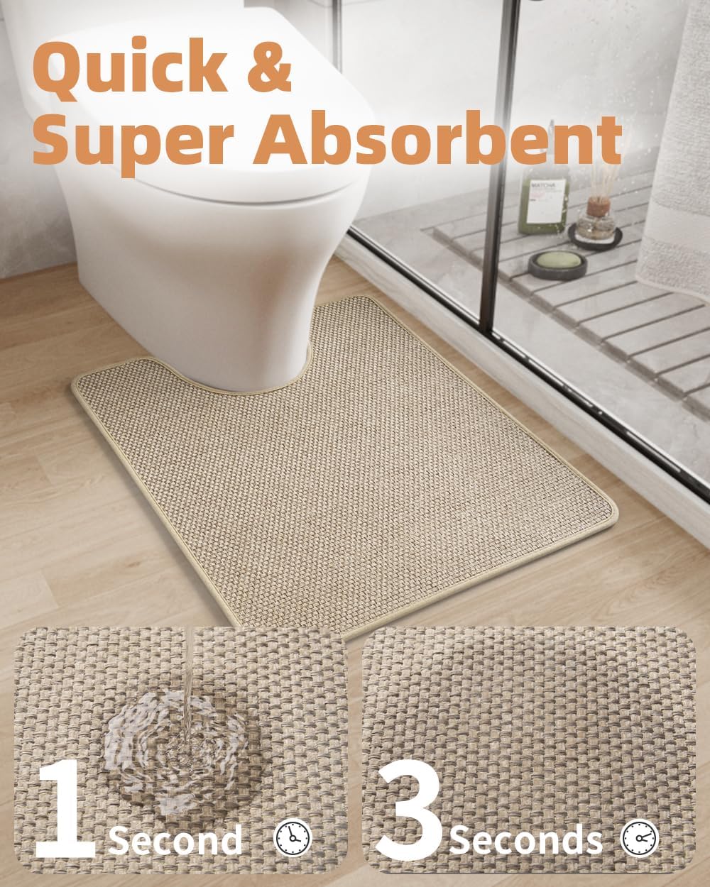 PADOOR Non-Slip Bath Mat With Rubber-Backing, Braided Absorbent Machine Washable Thin Rug for Bathroom Floor, Quick Dry, Fits Under Door, 17''x24'' Beige