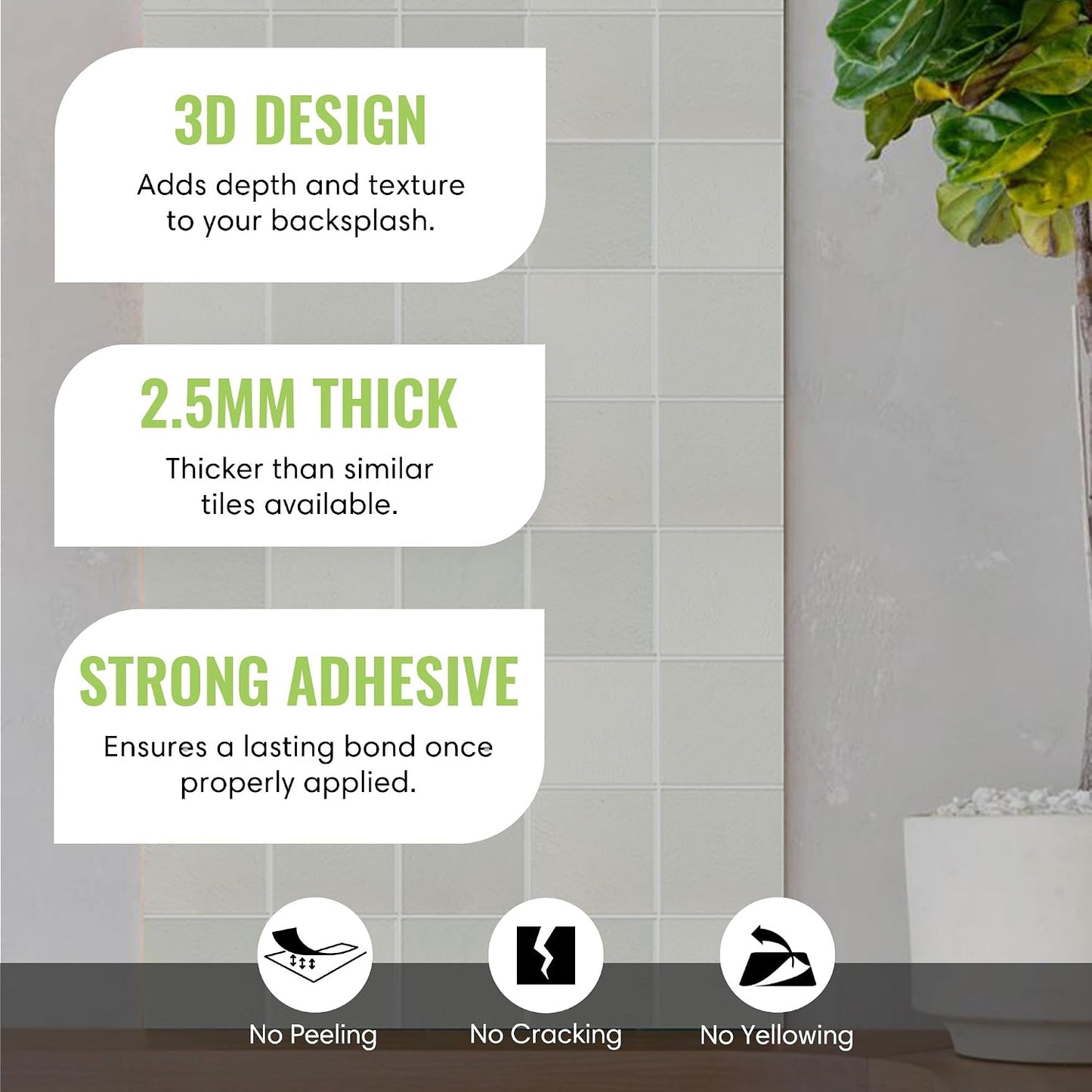 Peel and Stick Subway Backsplash Tiles, 5 Pack, 12 x 12 in, Almond | extra thick 3D wall panels, heat and water resistant wall panels, easy DIY kitchen, bathroom, laundry, fireplace wall décor