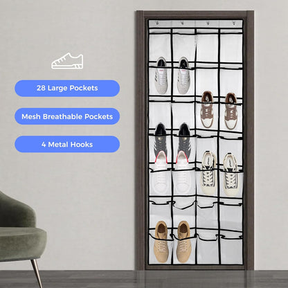 GOMAJI 28 Large Pockets Over the Door Shoe Organizer with 4 Hooks for Different Widths Doors, Hanging Shoe Rack Holder for Closet Men Sneakers, Women High Heels