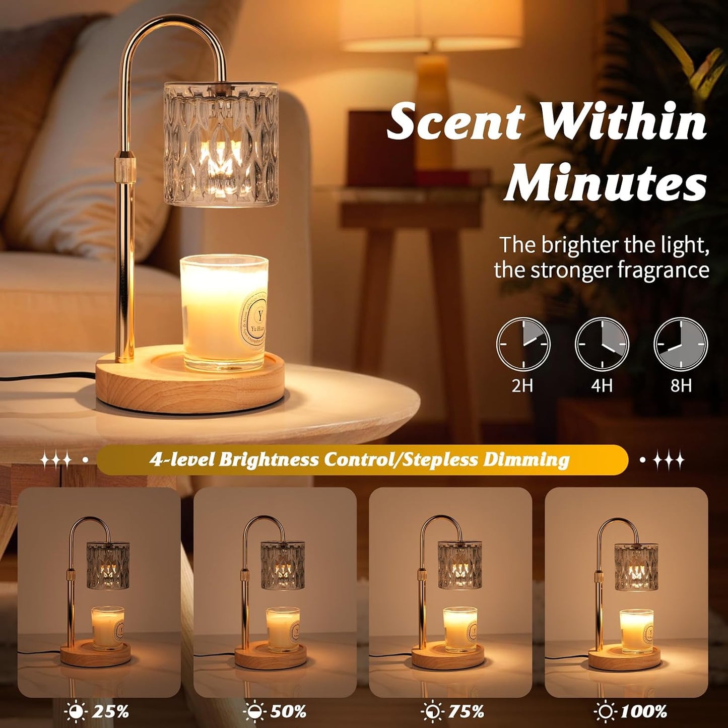Candle Warmer Lamp with Timer and Dimmable, Electric Wax Melt Candle Warmers Height Adjustable with 2 Bulbs, Birthday Gifts for Women House Warming, Home Decor for Scented Jar Candles(Clear)