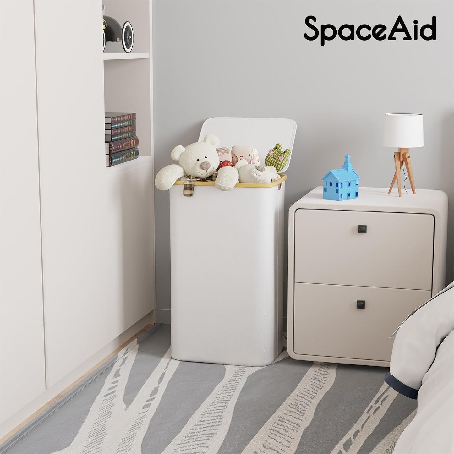 SpaceAid Double Laundry Hamper 2 Section with Lid and Removable Laundry Bags, 160L Clothes Basket with Bamboo Handles, Large Collapsible Hamper for Bedroom, Bathroom, Dorm, Laundry Room - White