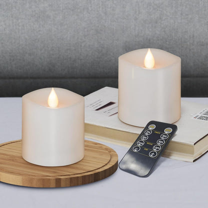 3x3 Flameless Candles with Remote Set of 2, 3 inch Battery Candles Flickering with Timer, LED Pillar Candle for Indoor/Outdoor, White