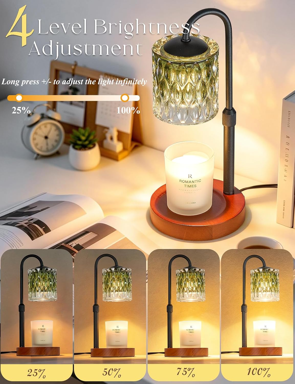 Briever Dimmable Candle Warmer Lamp with Timer, Height Adjustable Electric Candle Wax Warmer, Christmas Birthday Gifts for Women Mom, House Warming Gifts New Home Room Decor, Walnut Solid Wood Base
