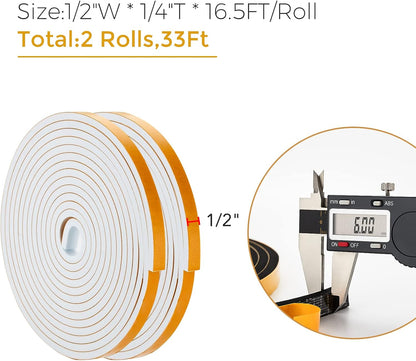 33 Feet Weather Stripping Door Seal- 1/2" Wide X 1/4" Thick Door Bottom Seal Strip High Density Foam Tape Adhesive Rubber Strip for Door Soundproofing,Window Insulation (1/2" x 1/4" x 33FT,Black)