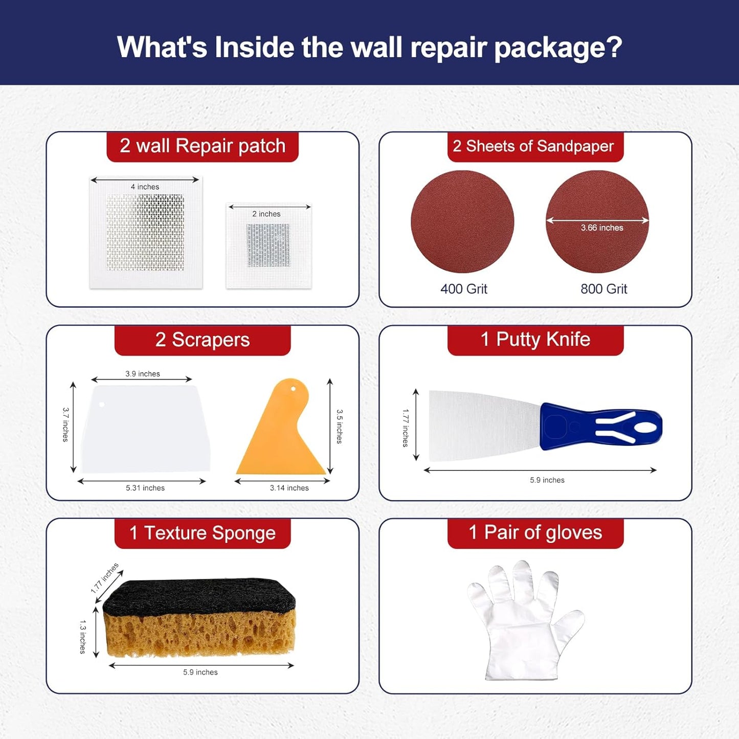 BONCART 8.6oz Drywall Patch Repair Kit - Professional All-in-1 Tool Set (Scrapers/Sandpaper/Texture Sponge/Gloves/Putty Knife) for Fast Wall Hole Repair