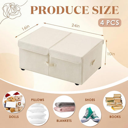 Geelin 4 Pack Under Bed Storage with Wheels, 10 Inch Height 65L Large Capacity Foldable Underbed Storage Bins with Lids & Handles, Easy Assembly Rolling Under Bed Containers for Clothes Blankets Shoes