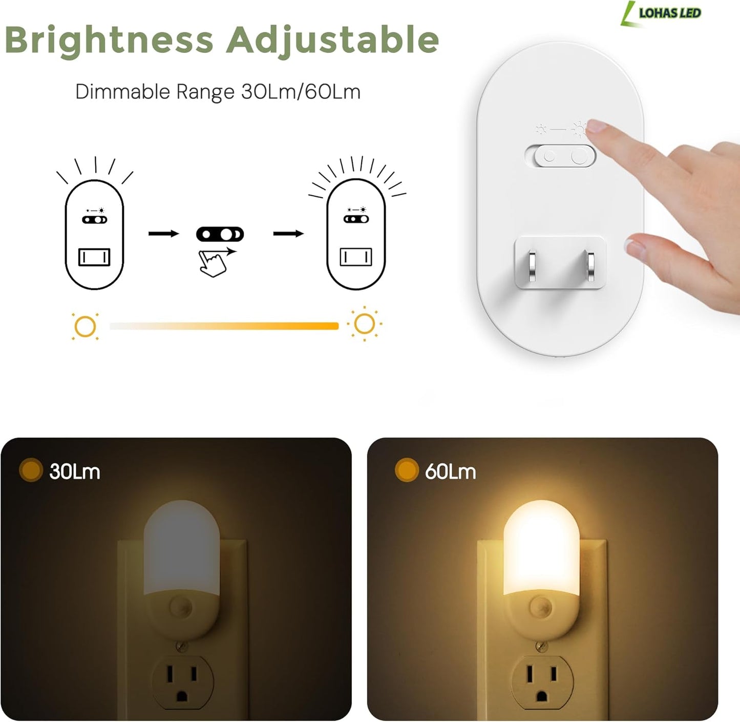 L LOHAS LED Motion Sensor Night Light, 2Pack, Motion Activated Night Light, Night Lights Plug into Wall Motion Sensor, 3000K Warm White, Adjustable Brightness 30/60LM, for Kids Adults Bathroom Bedroom