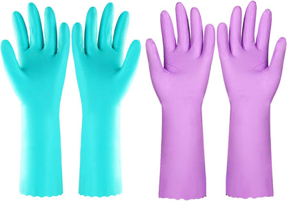 Elgood Reusable Long Sleeve Dishwashing Cleaning Gloves with Latex Free,Cotton Lining,Kitchen Gloves 2 Pairs,Purple+Blue M