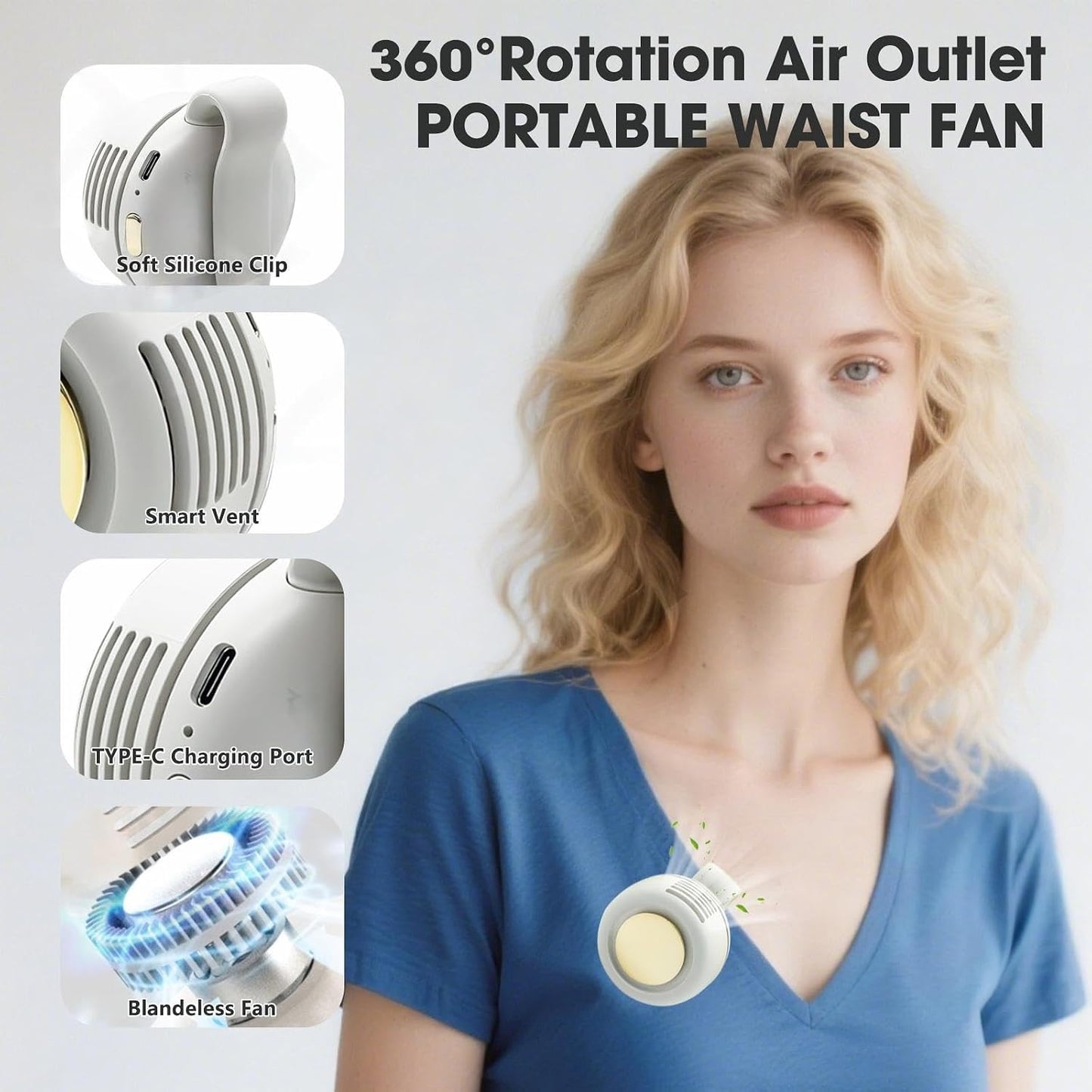 Clip On Fan,Portable Wearable Bladeless Fan,USB Rechargeable 360° Rotatable,3-Speed Silent Mini Personal Fans,Hands-Free Cooling Fan for Outdoor & Travel & Office,Ideal Gift（White）