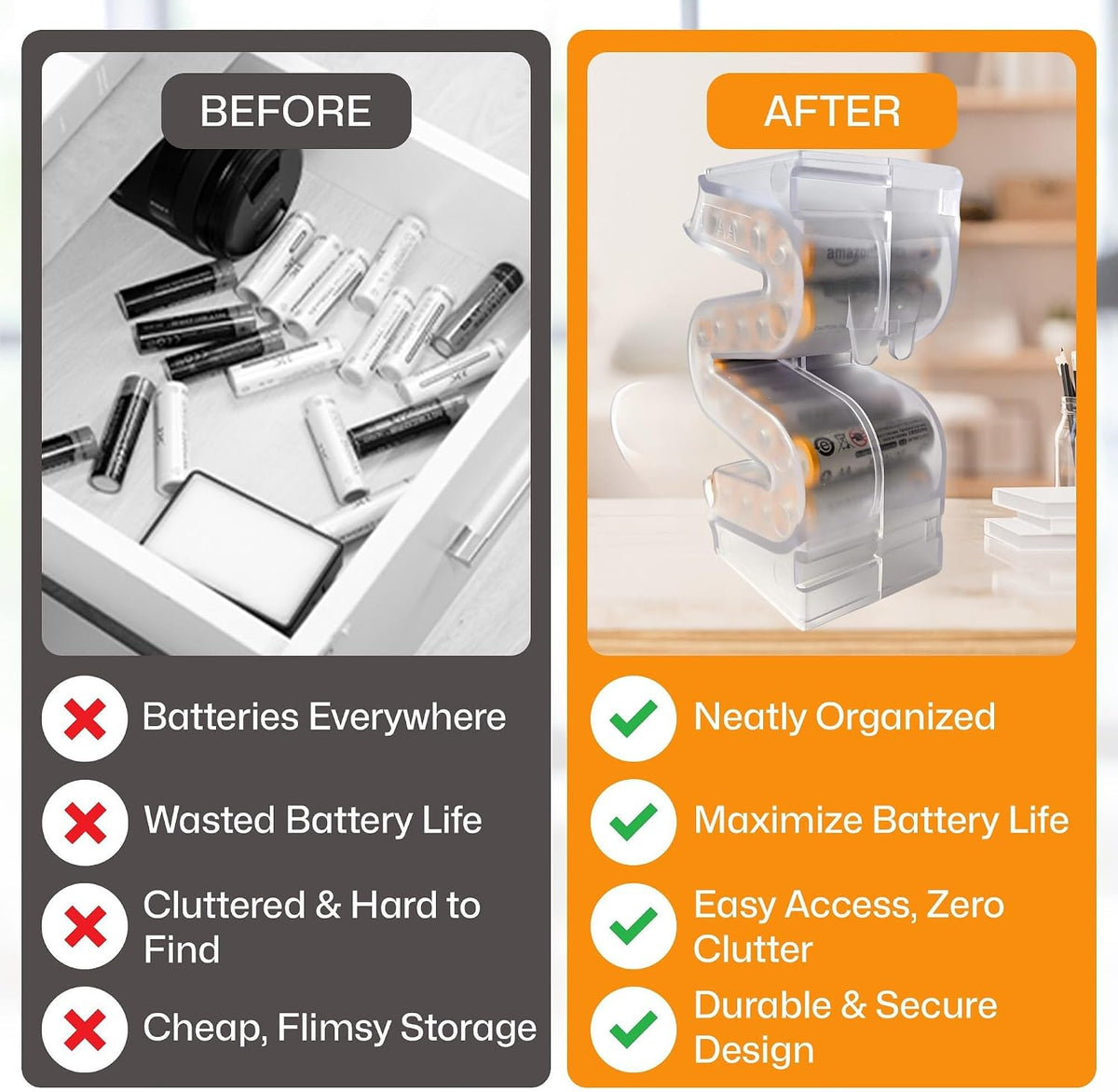Battery Ladder Case - Battery Organizer & Dispenser (AAA & AA) | Stack It or Wall-Mount It To Dispense Batteries in First-In-First-Out Order, Tidy Storage for Home, Garage & Workshop