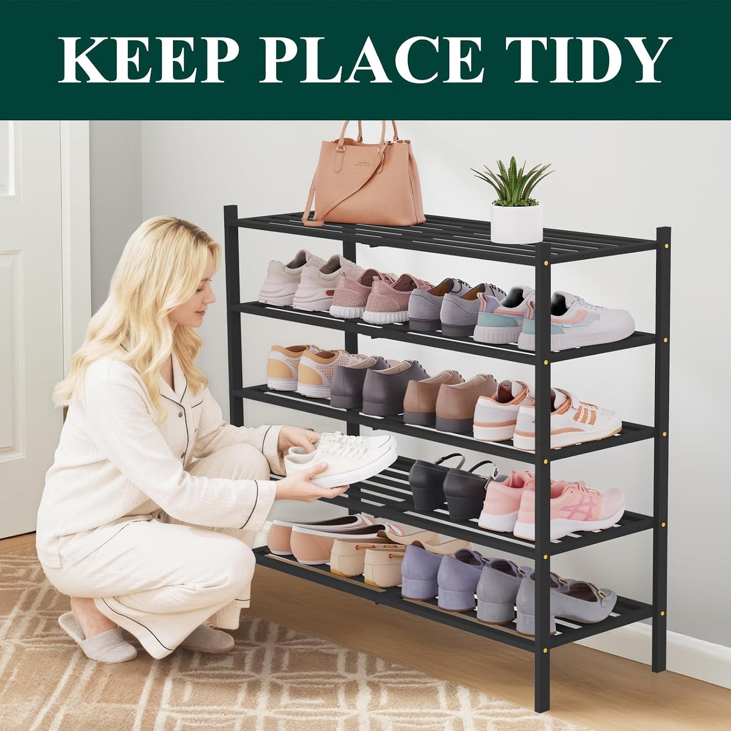 Smiry Bamboo Shoe Rack, 3 Tier Free Standing Wooden Shoe Organizer, Stackable Wood Shoe Storage Shelf for Closet, Entryway, 5 Horizontal Slats, 26.8"x11"x18.3", Natural