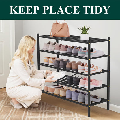 Smiry Bamboo Shoe Rack, 3 Tier Free Standing Wooden Shoe Organizer, Stackable Wood Shoe Storage Shelf for Closet, Entryway, 5 Horizontal Slats, 26.8"x11"x18.3", Natural