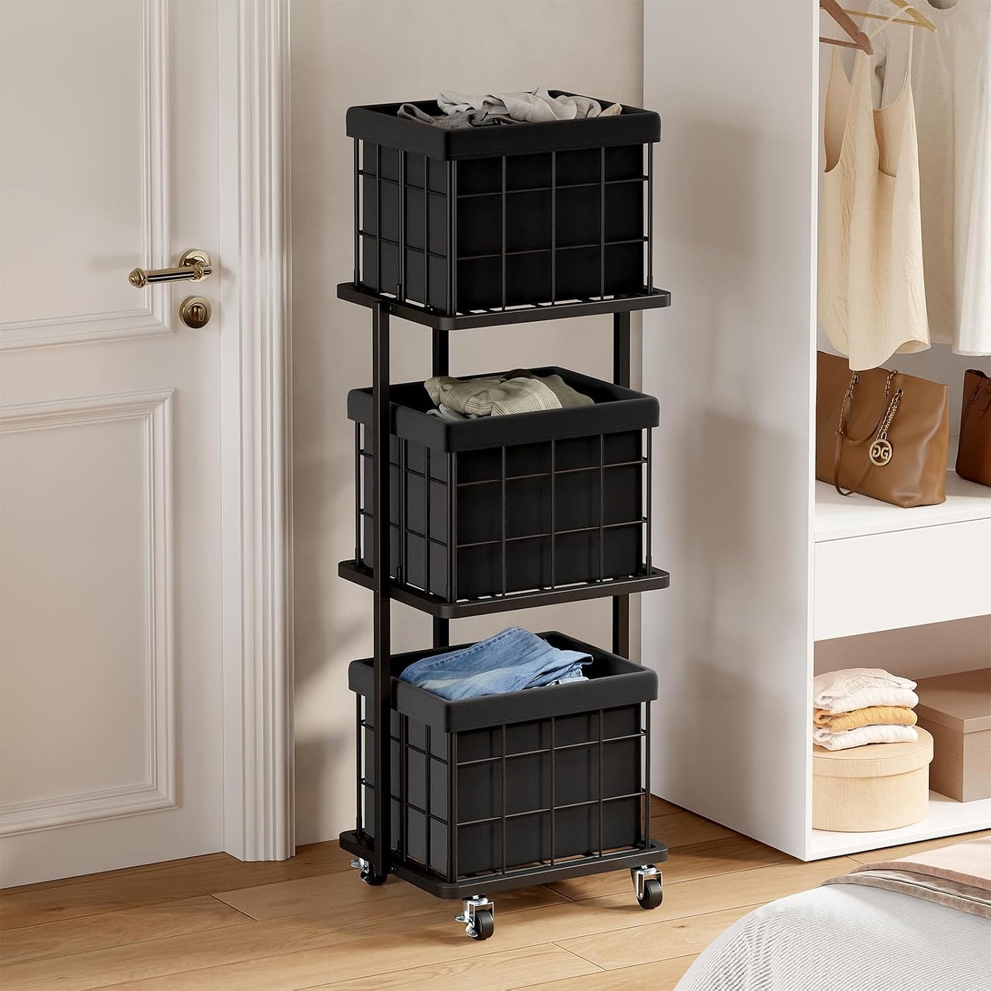 120L Vertical Rolling Laundry Hamper with Removable Bags, 3 Section Laundry Basket with Wheels, Slim Tall 3 Tier Laundry Sorter for Small Spaces, Dorm, Laundry Room, Bathroom, Closet, White