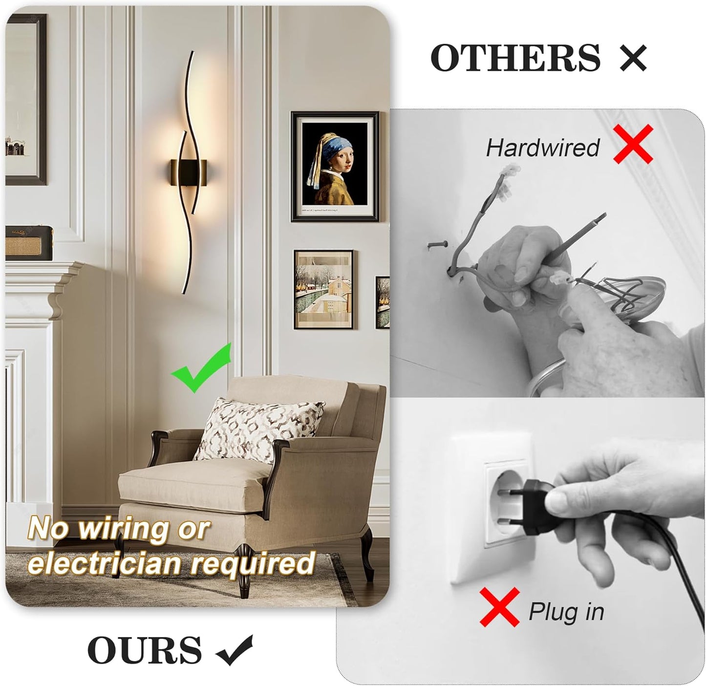 KARTOOSH Battery Operated Wall Sconces Set of Two with Remote Control, Dimmable/3 Colors/Night-Light/Timer/Memory, Gold Modern Wireless LED Sconce for Living Room, Hallway, Bedroom, 27.5 Inch (2 Pack)