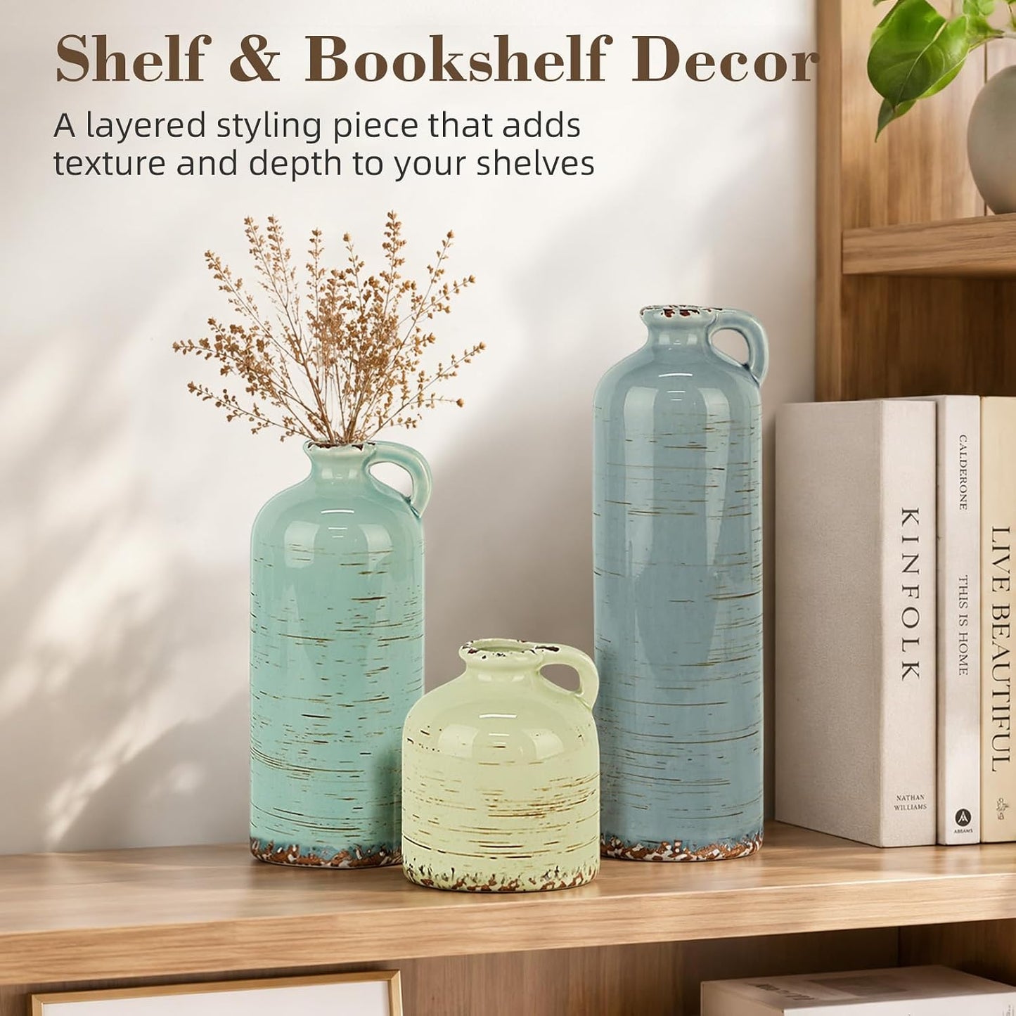 TBWIND Ceramic Vases Set of 3, Neutral Pottery Rustic Farmhouse Flower Vase | Small Decorative Flower Vases Modern Home Decor for Table Mantel Entryway Bookshelf Living Room Kitchen Bedroom