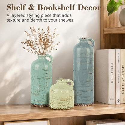 TBWIND Ceramic Vases Set of 3, Neutral Pottery Rustic Farmhouse Flower Vase | Small Decorative Flower Vases Modern Home Decor for Table Mantel Entryway Bookshelf Living Room Kitchen Bedroom