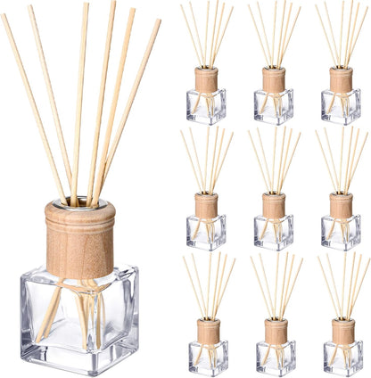 Roshtia 4 Set Reed Diffuser Bottle Empty Refillable Fragrance Glass Diffuser Bottles with Wooden Caps Rattan Sticks 50ml 1.7 oz Glass Jars for DIY Fragrance