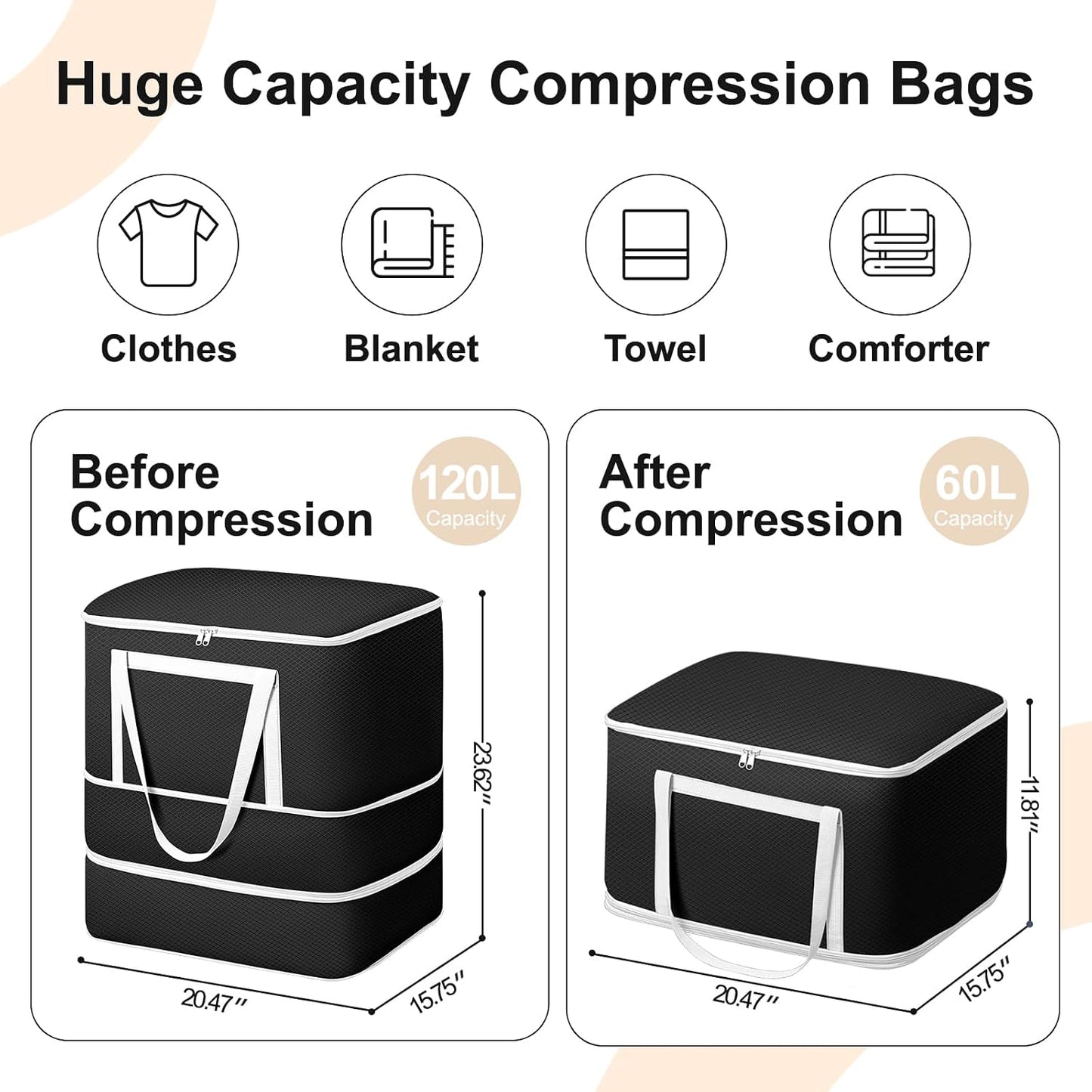 Comforter Storage Bag - 130L Large Capacity Blanket Storage Bags 4-Layer Ultra Space Saving Self Compression Organizer, Washable Compression Bags for Storage Comforter Blanket, 2-Pack, Beige