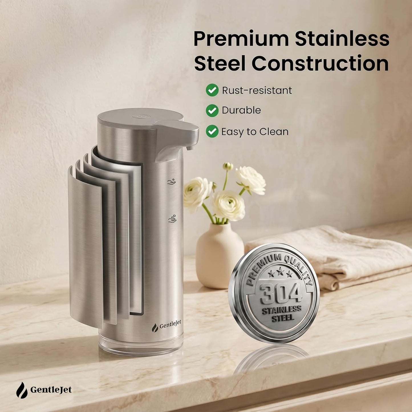 GentleJet EasyFoam Automatic Foaming Soap Dispenser Touchless Sensor, USB-C Rechargeable, 304 Stainless Steel, IPX5 Waterproof for Bathroom Kitchen Sink, 280 ml