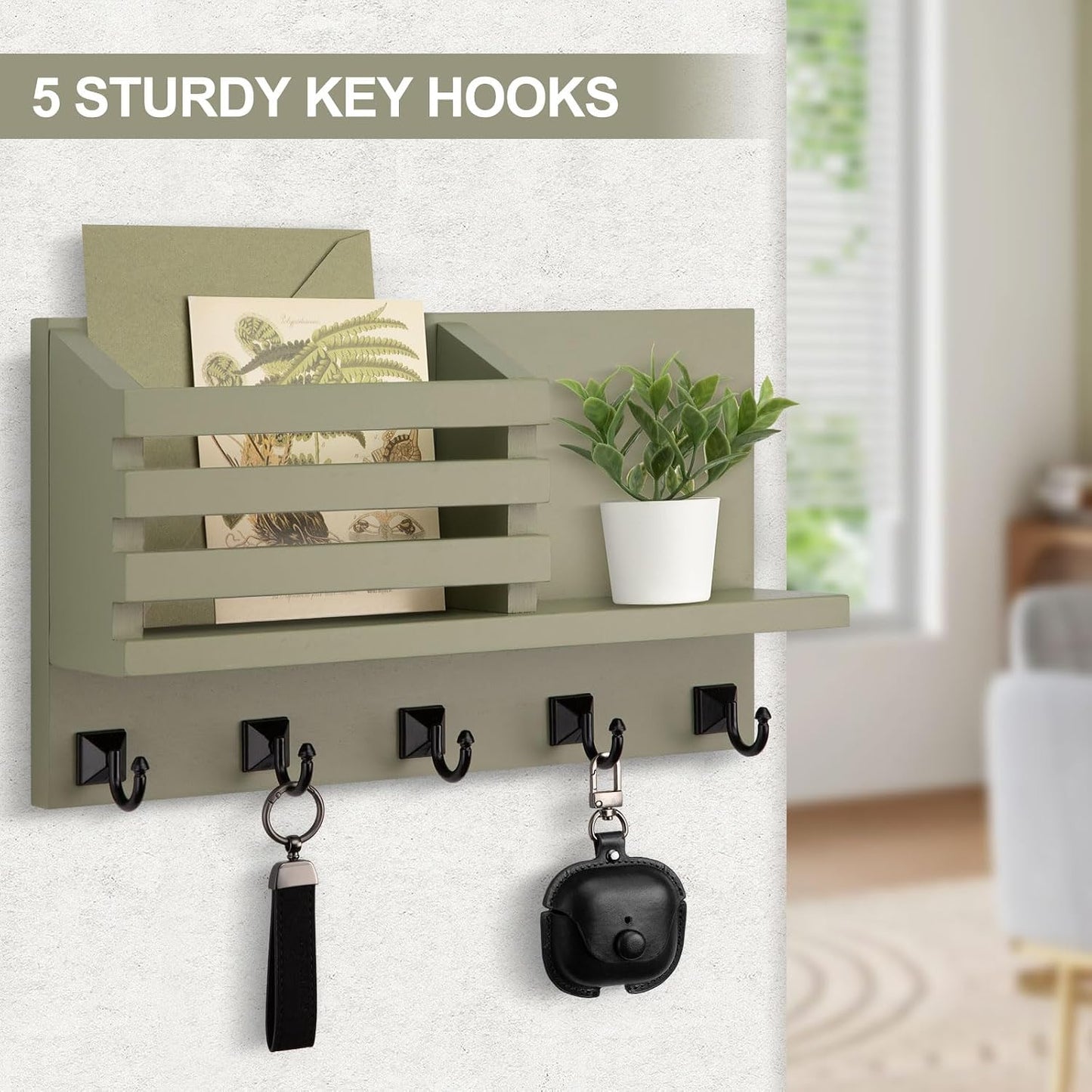 Key Holder Wall Mount, Mail Organizer for Wall with 5 Square Rustic Key Hooks Key Shelf Farmhouse Home Decor for Entryway