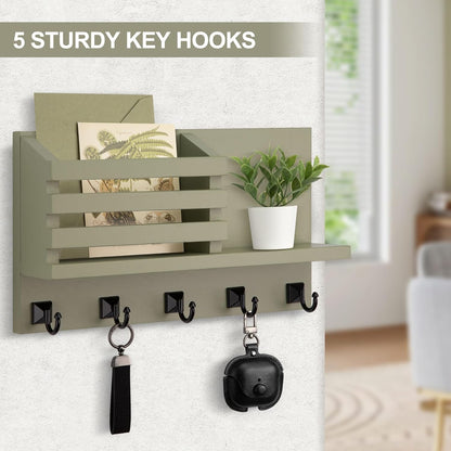 Key Holder Wall Mount, Mail Organizer for Wall with 5 Square Rustic Key Hooks Key Shelf Farmhouse Home Decor for Entryway