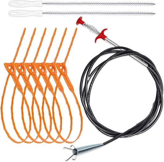 Drain Cleaning Tool Set, 79" Extra-Long Drain Clog Remover, (6pcs) 25" Hair Drain Snakes, (2pcs) 25" Cleaning Brushes for Sink, Tub, Toilet & Sewer, (9-Pieces Tool Set)