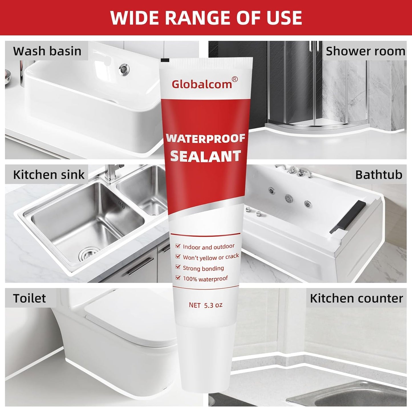 Globalcom Advanced Silicone Caulk for Kitchen & Bathroom Waterproof Silicone Sealant for Interior and Exterior Use, Stronger Adhesion Shrink & Crack Proof - 5.3 oz White
