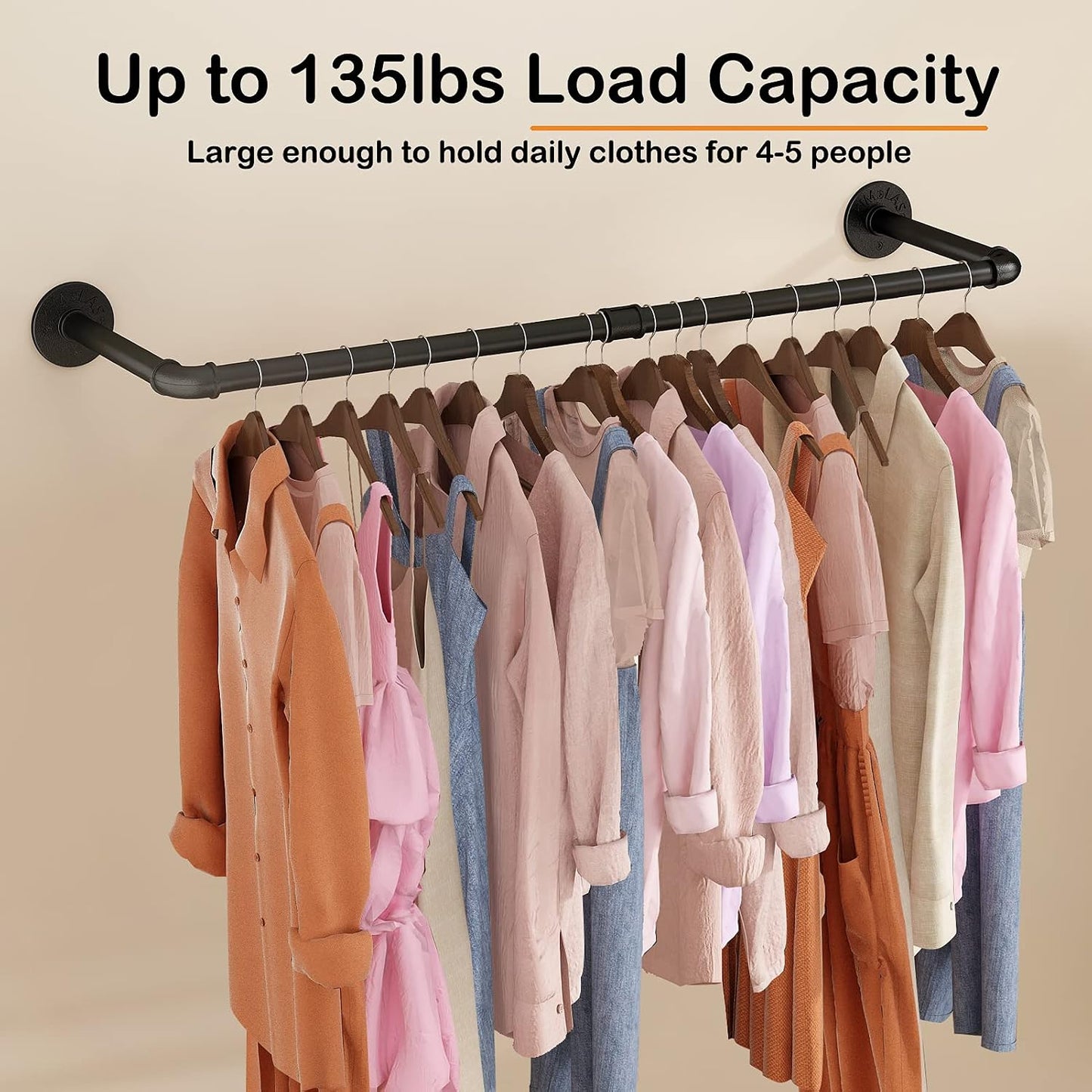 Wall Mounted Clothes Rack 38.4in, Industrial Pipe Wall Mount Clothing Rack, Heavy Duty Iron Garment Racks, Space Saver Multi-purpose Hanging Rod for Laundry Room, Closet Storage, 1 Pack