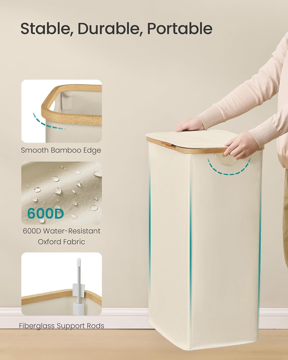 SONGMICS Laundry Hamper, Laundry Basket with Lid, Foldable Storage Basket, Bamboo Frame, for Bedroom, Living Room, Oxford Fabric, 37 Gal. (140 L), Cream White ULCB519WD01