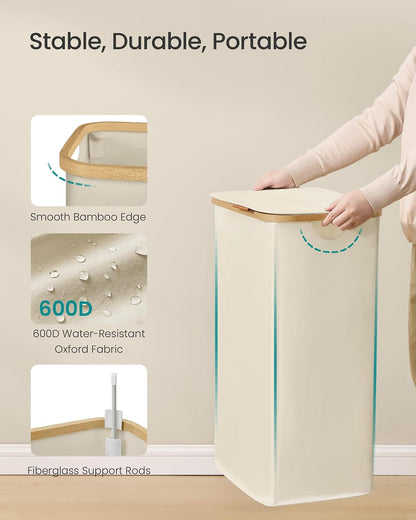 SONGMICS Laundry Hamper, Laundry Basket with Lid, Foldable Storage Basket, Bamboo Frame, for Bedroom, Living Room, Oxford Fabric, 37 Gal. (140 L), Cream White ULCB519WD01