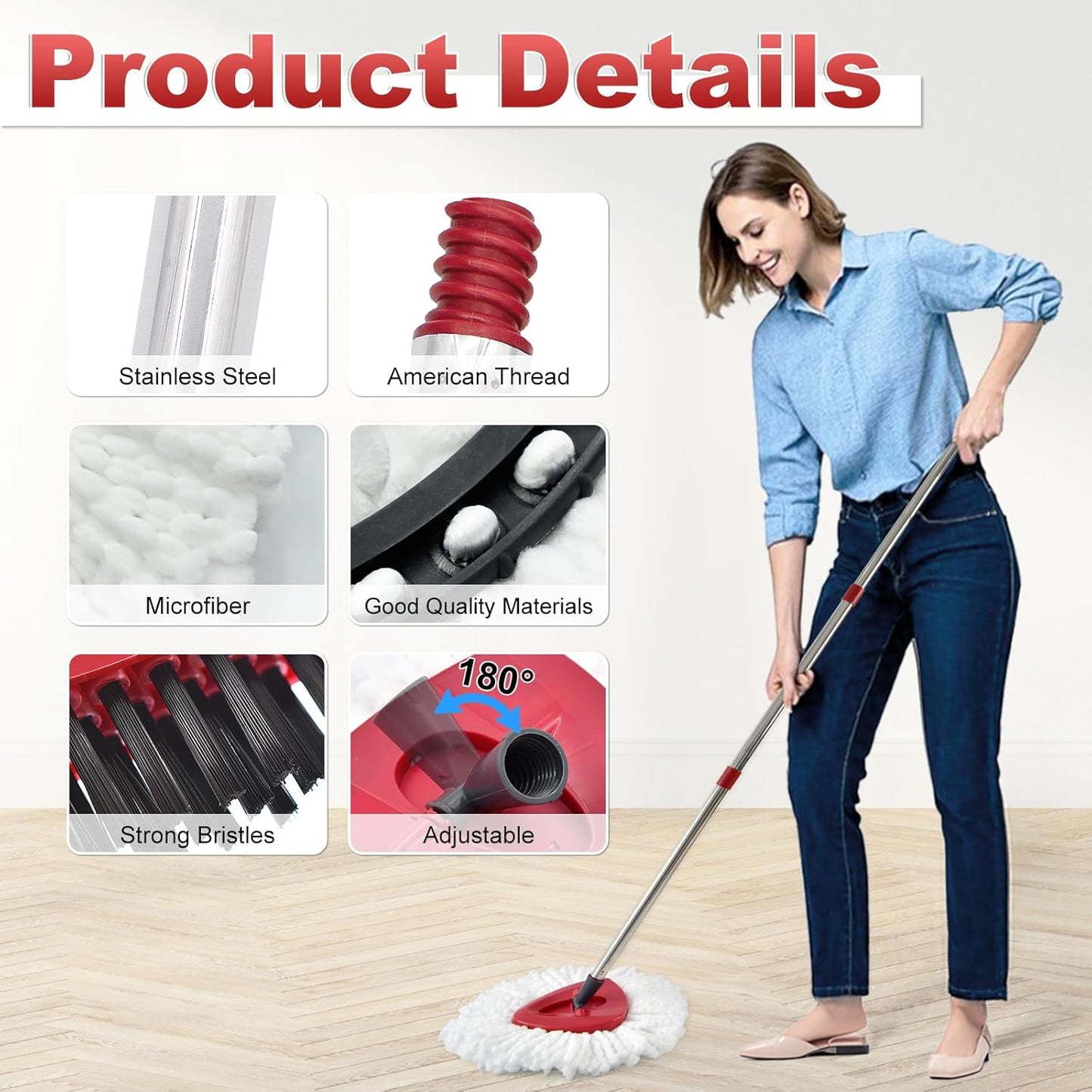 Mop Head Replacement, Base, Mop Handle for Ocedar RinseClean 2-Tank System, 2 Microfiber Mop Refills, Extendable Length 30-59" Mop Handle, Base and Scrubber for All Hard-surfaced Floor
