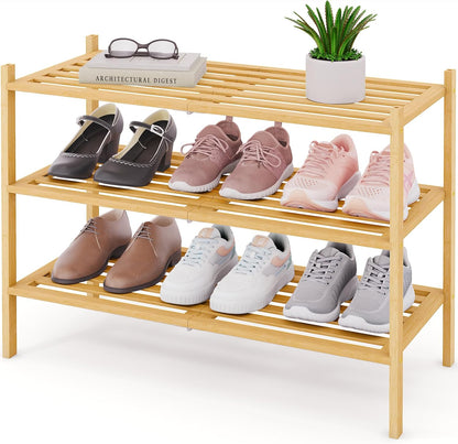 Smiry Bamboo Shoe Rack, 3 Tier Free Standing Wooden Shoe Organizer, Stackable Wood Shoe Storage Shelf for Closet, Entryway, 5 Horizontal Slats, 26.8"x11"x18.3", Natural