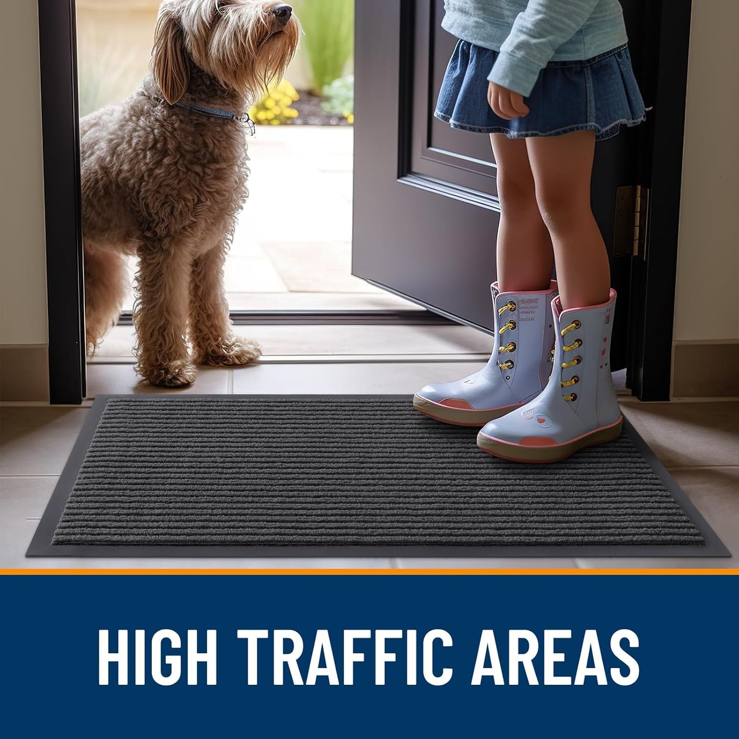 OLANLY Front Door Mat Indoor Outdoor Entrance, 2-Pack 29.5 x 17 Inch, Waterproof Heavy Duty Doormat, Fade Resistant, Low Profile, Easy Clean Patio Porch Welcome Floor Mats for Entry, Grey