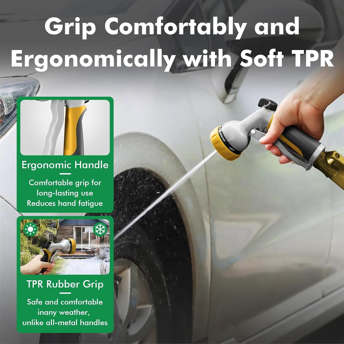 RESTMO Garden Hose Nozzle, Heavy Duty Metal Water Hose Nozzle with 7 Adjustable Spray Patterns, High Pressure Hand Sprayer with Flow Control for Watering Plants & Lawns, Washing Cars & Pets
