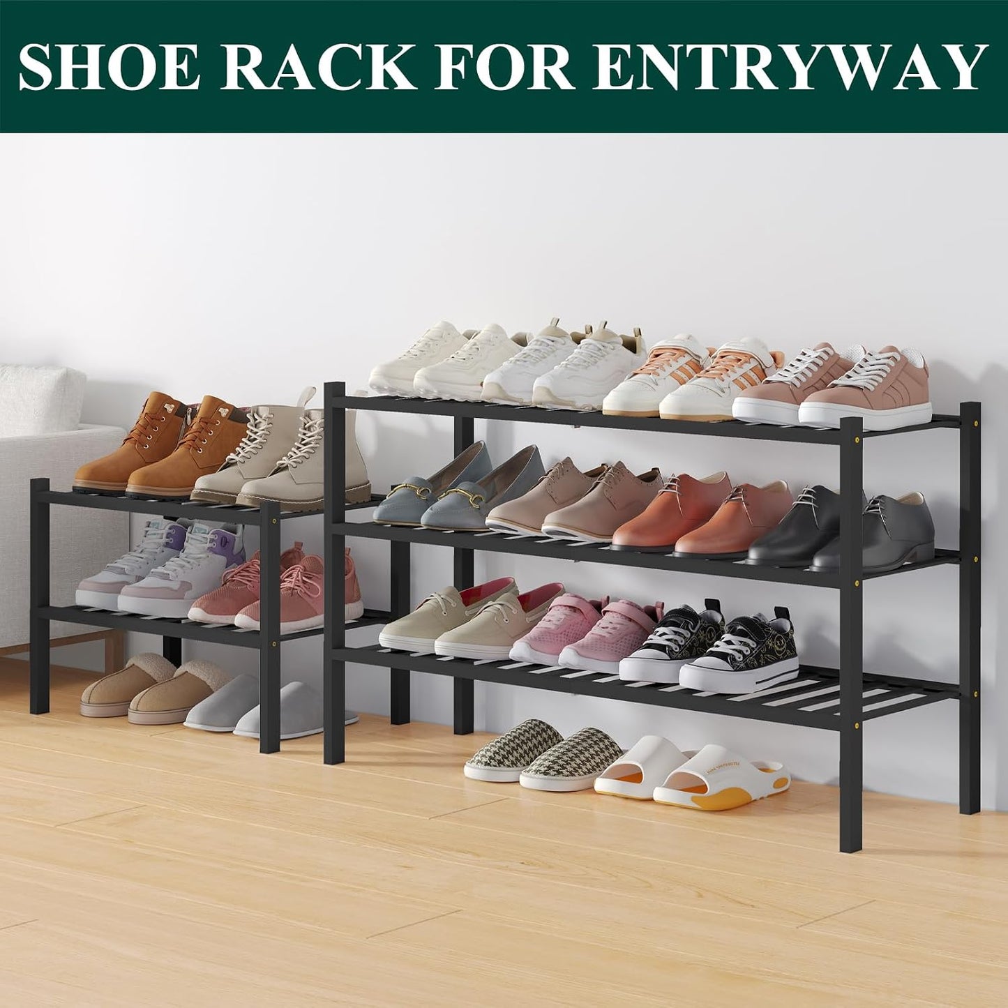 Smiry Bamboo Shoe Rack for Closet, 3 Tier Wooden Shoe Organizer, Stackable Wood Shoe Storage Shelf for Entryway, 14 Vertical Slats, One-piece Heavy-Duty Legs, 26.77"x11.02"x18.31", Natural