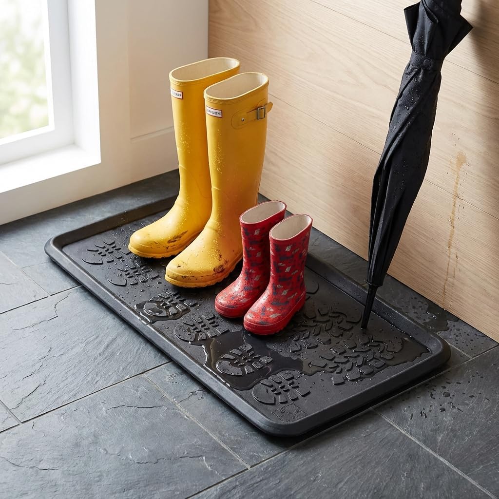 Envelor Rubber Boot Tray for Entryway Indoor Shoe Trays for Mudroom Wet Shoe Mat Tray Multiuse Rubber Water Tray Mud Mat Winter Boot Mat Large Utility Tray, Footsteps, 32 x 16 Inch, 2 Pack