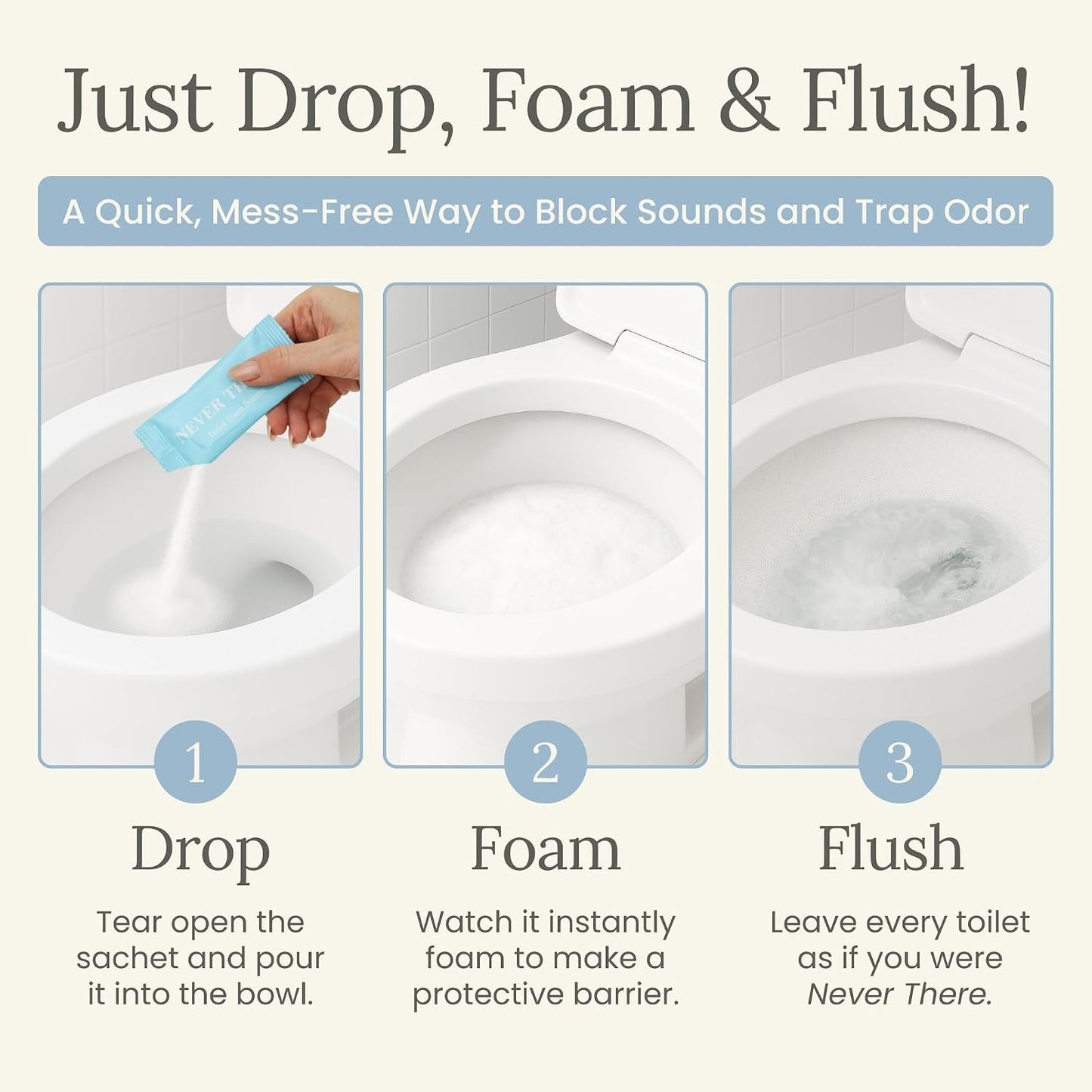 Never There Toilet Foam Bombs - 14 Count Discreet & Portable Lavender Scent Foaming Powder | On-The-Go Toilet Refresher for Bathroom Anxiety | Instantly Eliminates Odor, Sound & Stains
