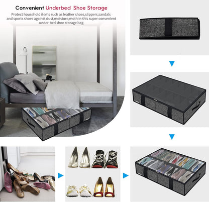 Onlyeasy Sturdy Under Bed Shoe Storage Organizer, Set of 2, Fit 12 to 24 Pairs, Underbed Shoes Closet Storage Solution with Clear Window, Breathable, L29.3 x W23.6 x H5.9, Linen-like Black, MXAUBSB2P