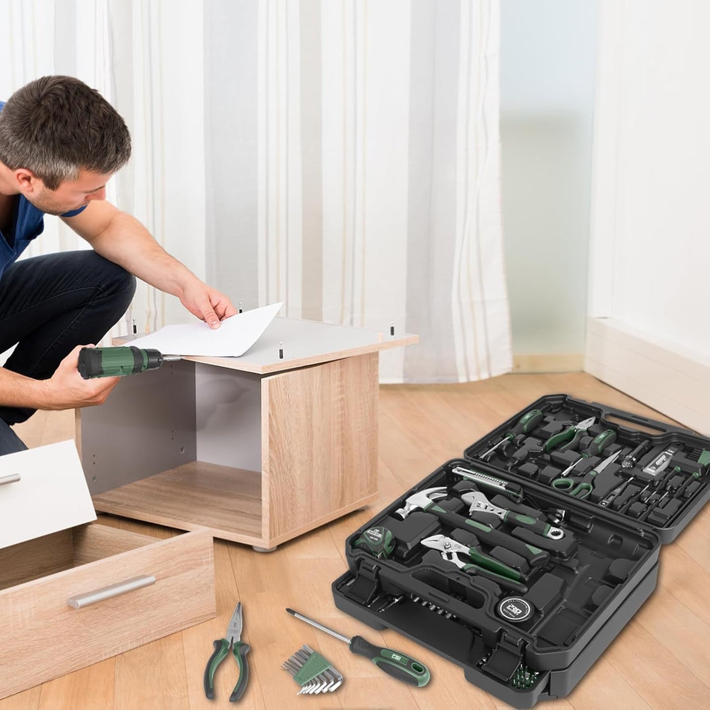 Prostormer Tool Set with 8V Cordless Drill, 369-Piece Home Tool Kit with Drill Driver, Toolbox Storage Case with Drawer, General Household Tools for Home Repairs and DIY, Handyman (Blue)