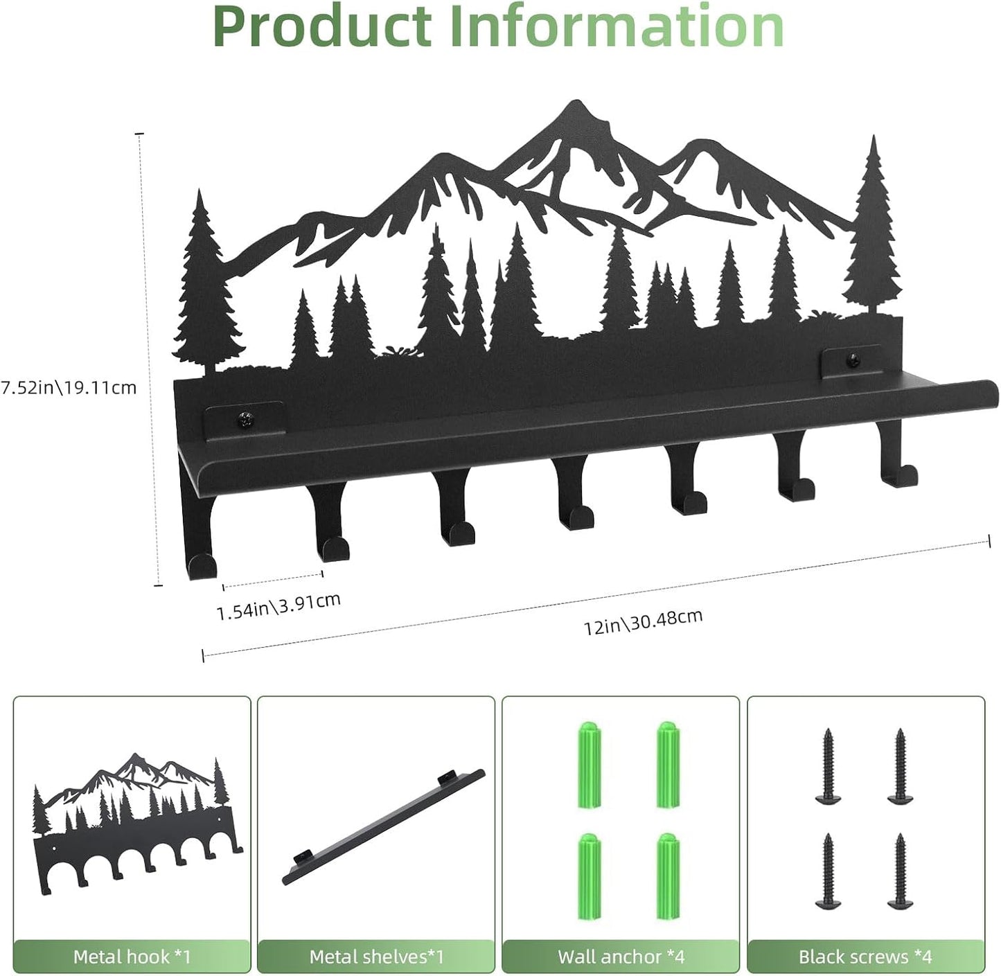 Key Holder for Wall, Metal Wall Hooks Organizer Rack with 7 Hooks for Keys, Coats, Bags – Decorative Home Decor for Entryway, Hallway, Kitchen, Living Room (12 Inches, Mountain)