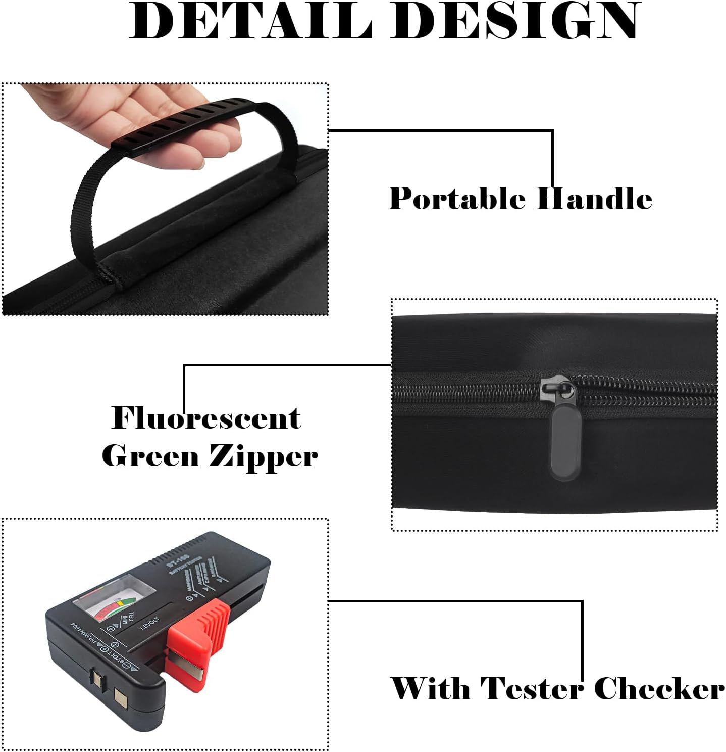 Battery Organizer Storage Case with Tester for AA AAA C D 9V Battery Holder 7 Batteries Variety Pack 111 Batteries Mesh Bag (Batteries Not Included) (black-green)