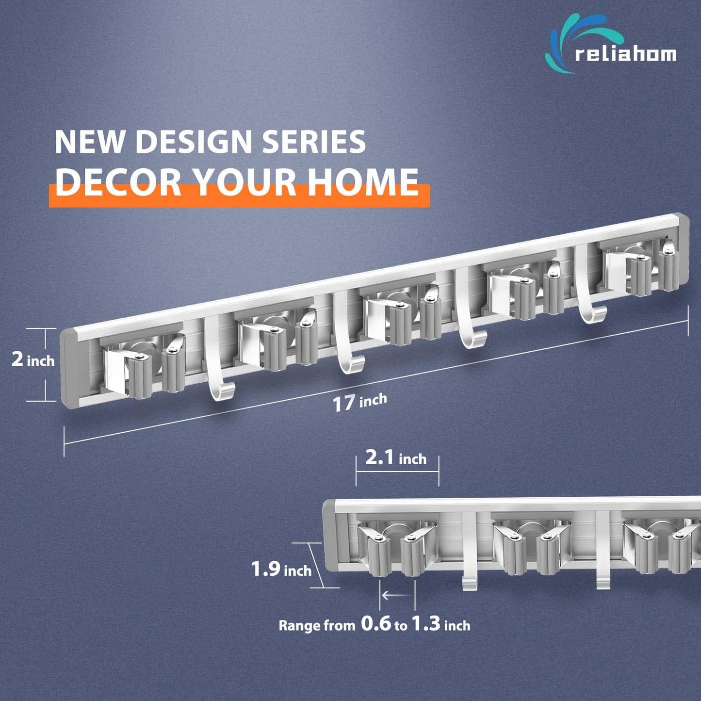 reliahom Broom Holder Wall Mount Mop Hanger Tools organizer 4Racks 5Hooks | Adjustable Mop Broom Wall Hanging Heavy duty Tools Storage Rack Space-saving for Garage,Kitchen,Laundry Room,Garden, Silver