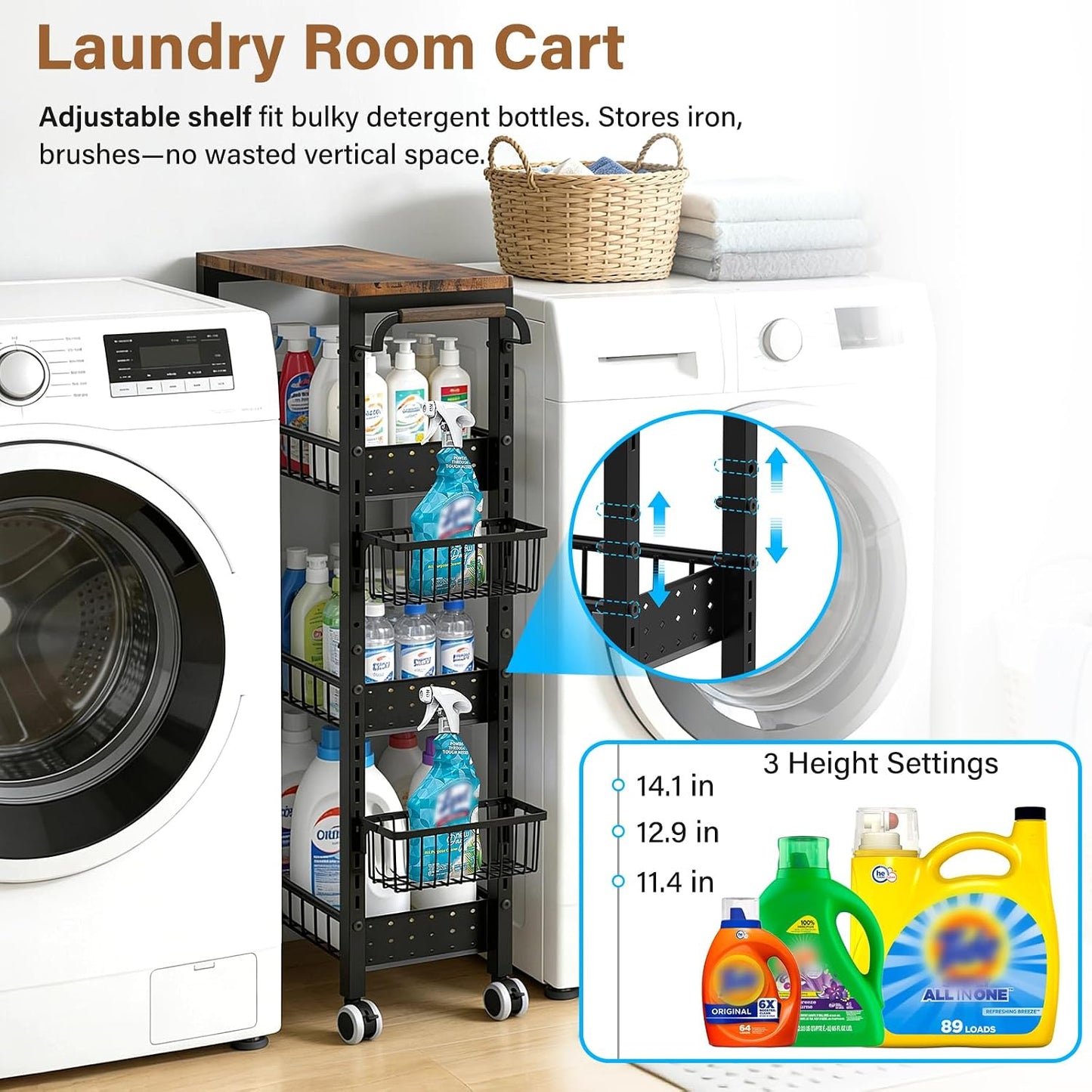 7.8 Inch Ultra-Slim 4-Tier Rolling Storage Cart with Adjustable Shelves - Lockable Wheels & Wooden Top for Narrow Spaces Between Washer/Dryer, Bathroom, Kitchen Organization (White)