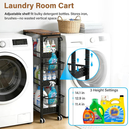 7.8 Inch Ultra-Slim 4-Tier Rolling Storage Cart with Adjustable Shelves - Lockable Wheels & Wooden Top for Narrow Spaces Between Washer/Dryer, Bathroom, Kitchen Organization (White)