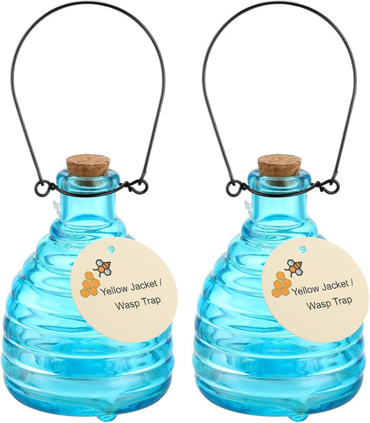 2 Pieces Glass Wasp Trap Outdoor Hanging Reusable Wasp Traps with Steel Hooks Yellow Jacket Catchers Trap for Outside Garden Farm Courtyard Garden, Blue