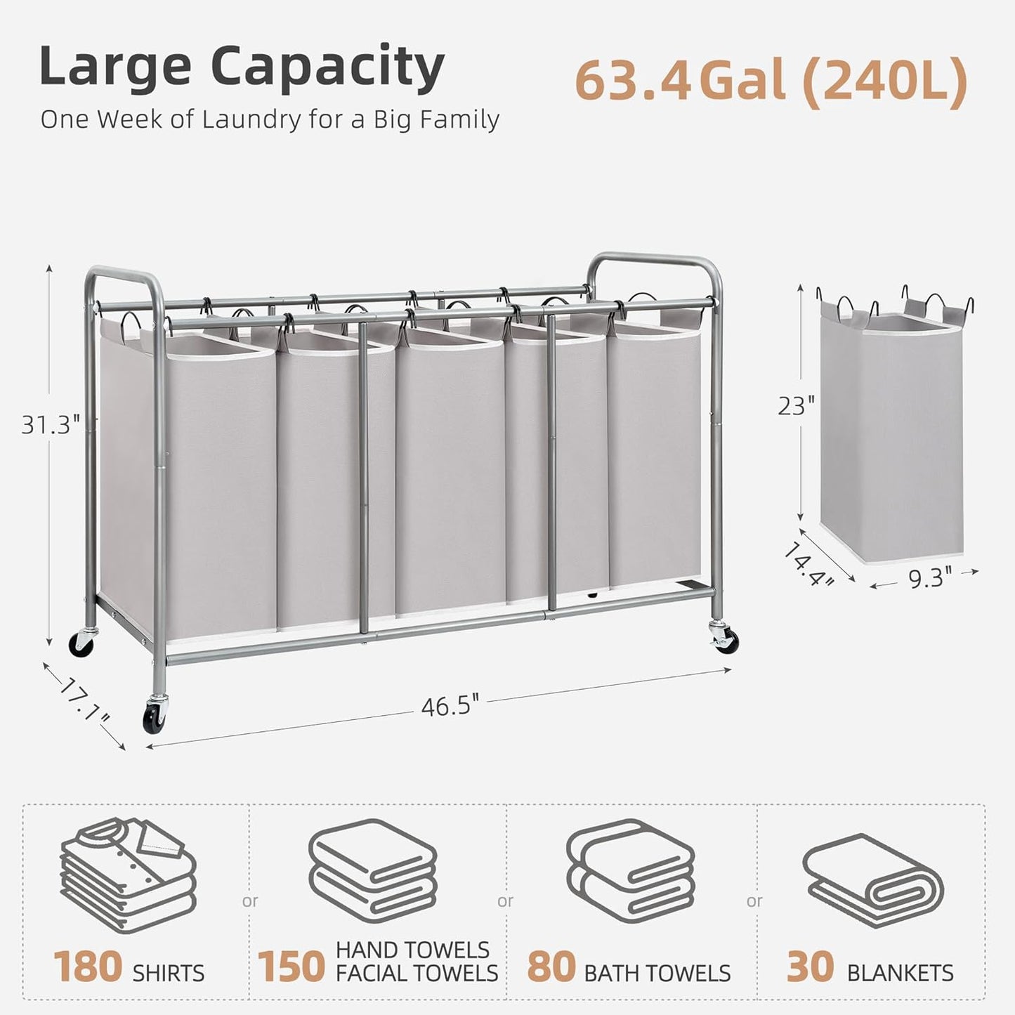 STORAGE MANIAC 3 Section Laundry Sorter, 35.6 Gal (135 L) Laundry Hamper Cart with Heavy Duty Rolling Lockable Wheels and Removable Bags, Clothes Organizer Basket Separator Hamper, Gray