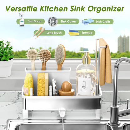 Ewaiira Stainless Steel Sink Caddy, Sponge Holder for Kitchen Sink with Brush Holder and Towel Rack, Sink Organizer for Countertop, Soap Dispenser Kitchen Organizers Storage Essentials (A-Black)